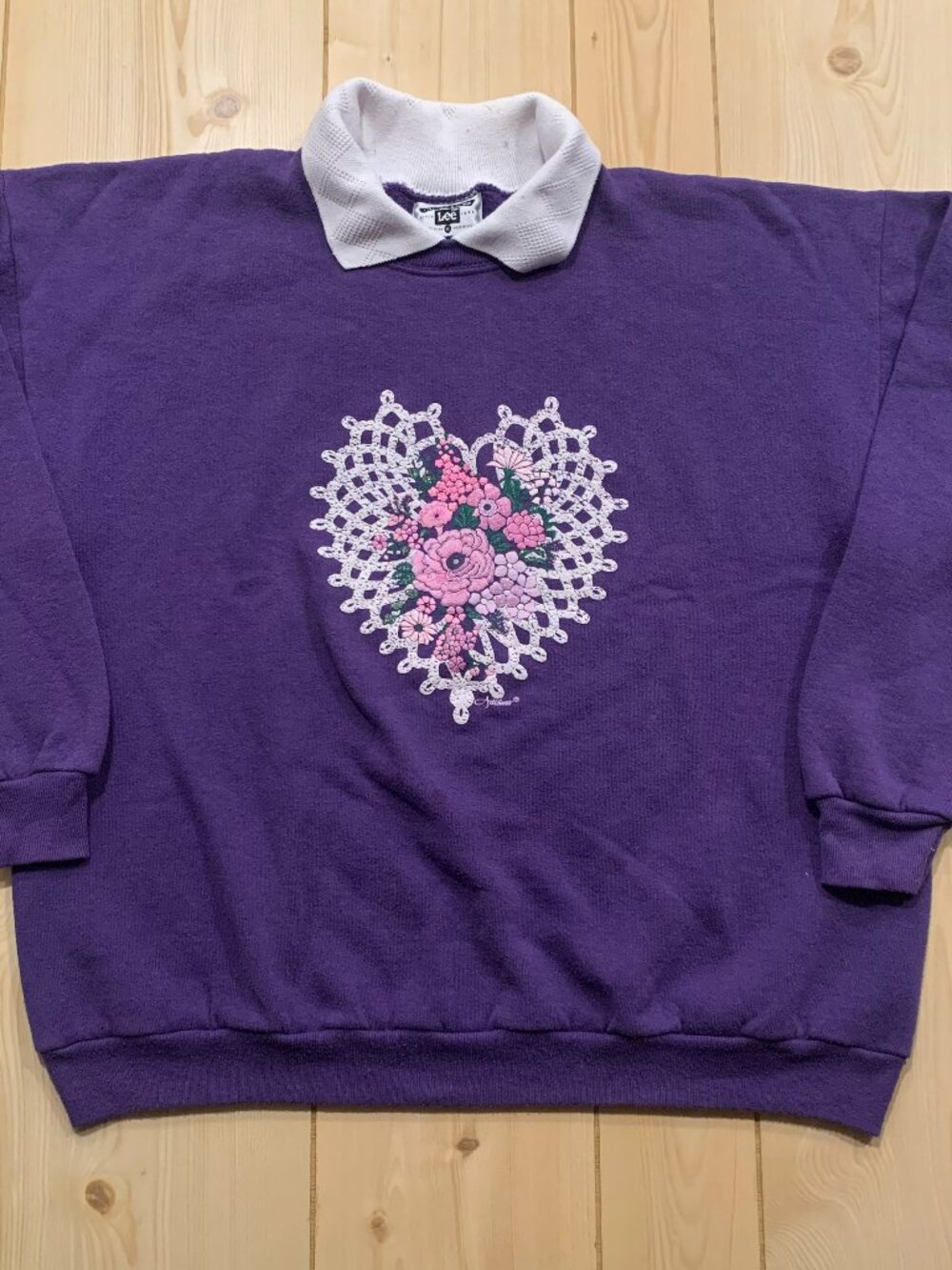 Vintage 90s Lee Floral Lace Collared Sweatshirt Grandma Core Women's Size XL